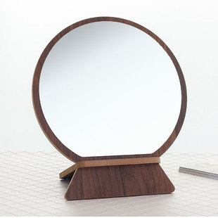 高清单面台式化妆镜木质，镜子圆形简易便携梳妆镜，学生桌面镜