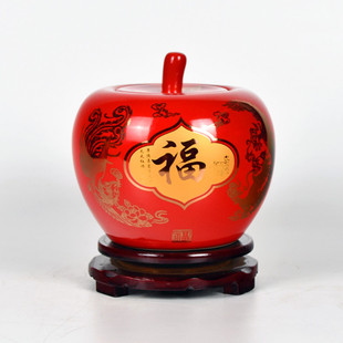 景德镇陶瓷器中国红苹果储物罐糖果罐结婚礼物中式家居摆件装饰品