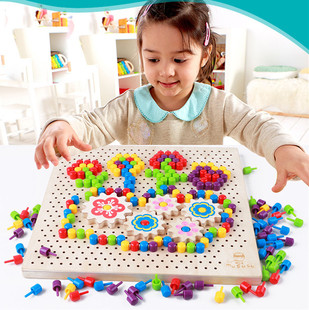 儿童益智蘑菇钉组合拼图木质拼插板玩具1-2-3-6周岁宝宝男孩女孩