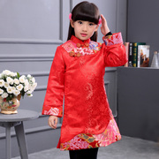 女童旗袍夹棉秋冬装儿童裙子中国风公主红色长袖古筝演出服装