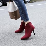 尖头女鞋磨砂细跟高跟短靴酒，红色靴子大码靴子小码女靴48ascp