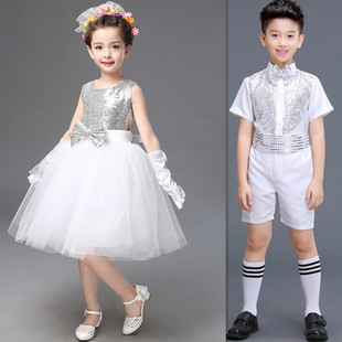 白色亮片儿童演出服合唱男孩，小礼服衬衫，短袖英伦风女孩公主裙