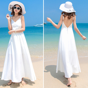 夏装V领露背吊带连衣裙波西米亚大摆长裙海边度假三亚白色沙滩裙