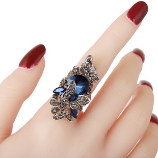 韩版时尚复古长款食指指环女镶钻水晶，装饰戒指欧美个性夸张潮饰品