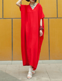欧美范街头(范街头)走秀款，红色袍子连衣裙夏原创(夏原创)设计超宽松显瘦短袖长裙