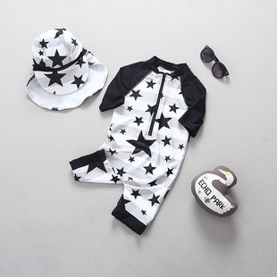 韩国儿童泳衣男童男孩宝宝黑白，星星速干防晒连体婴儿冲浪服套装潮