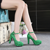 结婚绿色鞋子新娘敬酒鞋绿色婚鞋伴娘鞋粗跟防水台婚鞋圆头绿色鞋