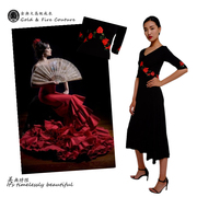 GnF 金与火 Vintage红与黑西西里手绘玫瑰高级垂坠连衣裙赫本优雅