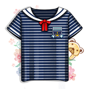 日系可爱百搭清新藏蓝海军领学院风条纹水手服娃娃衫短袖休闲T恤
