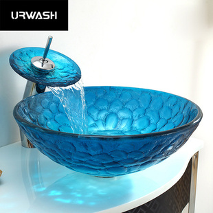 钢化玻璃洗手盆卫生间创意台上盆，蓝色地中海艺术，盆简约圆形家用