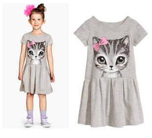 童装2023夏装睡(夏装睡)衣裙，女童短袖连衣裙，小猫头个性女孩纯棉裙子