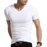 2024夏装白色男式半袖汗衫，韩版v领打底衫纯棉短袖，体恤男士紧身t恤