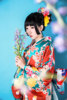 古典日本和服浴衣女，改良樱花仙鹤振袖正装，女涤纶印花传统和服
