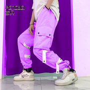 夏轻薄透气工装裤女紫色多口袋运动织带束脚情侣街舞团队定制035