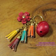 牛皮铃铛铜钥匙扣红色蓝色，樱花背包两长流苏书包装饰可爱挂件