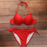 大红色钢托厚杯大小胸聚拢 比基尼 分体沙滩温泉泳衣女比基尼泳装