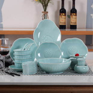 龙泉青瓷餐具瓷器套装28头56陶瓷器碗碟套装碗盘中式家用乔迁