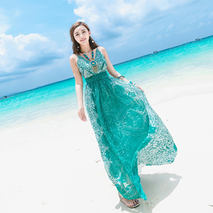 2023夏季女装露背吊带雪纺，连衣裙海边度假沙滩裙波西米亚长裙