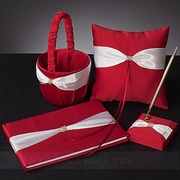 RedBox婚庆用品 红色白绸带金钻结婚签名簿签到本 笔座 花篮戒枕