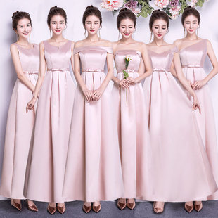 伴娘服长款2024韩版姐妹，团毕业聚会主持年会，晚礼服粉色姐妹裙
