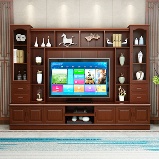 实木电视柜组合墙柜新中式落地柜，客厅收纳储物柜一体电视背景
