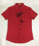红色短袖大红衬衫时尚，夏季男士韩版修身字母，印花休闲衬衣青少年潮