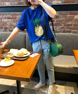 韩国东大门亮片菠萝，t恤女2022夏季水果，贴布刺绣短袖纯棉t恤衫