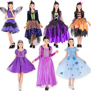 万圣节儿童女巫服装，化装舞会演出服女童紫色，蝙蝠巫师灰姑娘公主裙