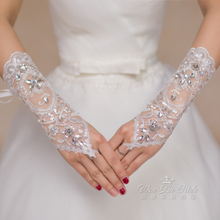 中长款蕾丝花边绑带手套新娘结婚婚纱礼服配饰品勾指珠片手套