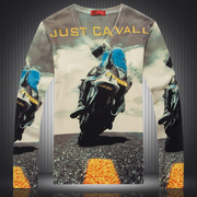 欧美风潮流男士鸡心v领长袖t恤衫 创意个性摩托车骑手图案花衣服