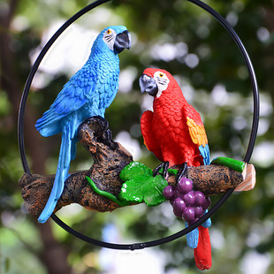 仿真双鹦鹉摆件小鸟挂件树脂工艺家居装饰品树木吊件庭院花园饰品