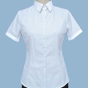 夏蓝白条纹衬衫女短袖修身半袖工作服职业蓝条大码4S店ol银行销售