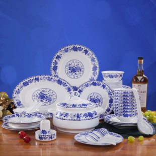 景德镇2856头骨瓷餐具，套装创意家用中式青花，陶瓷器碗盘碟组合