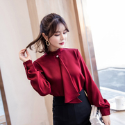 女装2021春装韩版气质珍珠飘带立领雪纺衫长袖酒红色衬衫上衣