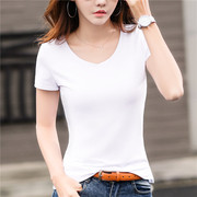 2024韩版白色V领修身短袖T恤女夏季简约纯色打底衫韩范体恤小衫