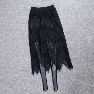 秋冬女士外穿假两件打底裤裙裤黑色显瘦弹力包臀蕾丝裙PU皮裤