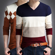 春秋男士长袖t恤v领针织衫，韩版修身青年，打底小衫薄款大码线衣