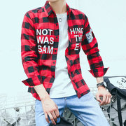 格子衬衫男士长袖秋季韩版修身薄款衬衣服，潮流休闲帅气青少年寸衫