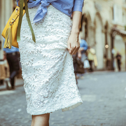 复古法式白色雪融蕾丝半身裙夏季开叉一步裙中长款高腰包臀裙