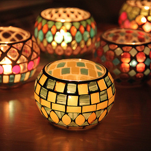欧式彩圆球马赛克玻璃，烛台浪漫表白烛光，晚餐酒吧西餐厅蜡烛杯摆件