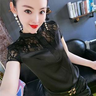 短袖衬衫女2023年秋季韩版时尚拼接镂空蕾丝雪纺上衣立领衬衣