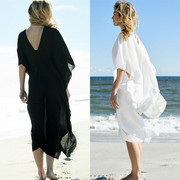 海边度假防晒宽松白黑色(白黑色，)雪纺比基尼泳衣，罩衫外套沙滩裙罩衣长裙女