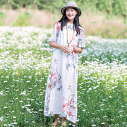中国风短袖印花连衣裙女夏季中式宽松立领盘扣，复古气质女装长裙