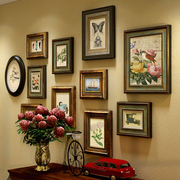 欧式照片墙实木复古美式相片，相框鹿头组合挂墙客厅餐厅背景装饰画