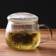 锤纹耐热玻璃杯三件式花茶杯带盖内胆过滤泡茶杯加厚办公茶水杯子