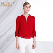 黛薇璐媤蕾丝拼接七分袖衬衫女春夏法式气质显瘦小立领上衣红