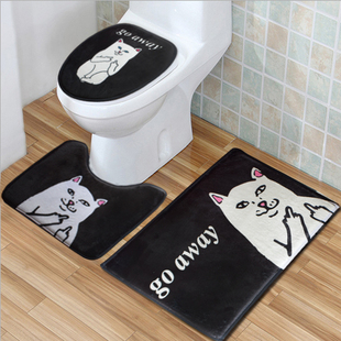 美式创意中指贱猫卫生间U型地垫马桶脚垫三件套 厕所吸水防滑地毯