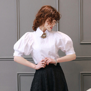 韩版复古短袖宫廷风灯笼袖纯色薄款白色衬衫女设计感气质上衣