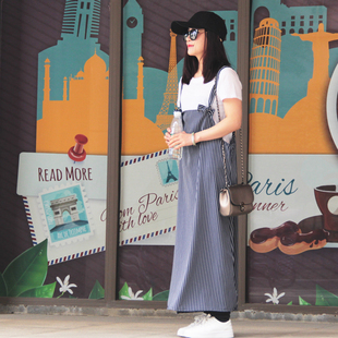 2017春夏装女装韩版雪纺条纹大学生裙H型吊带中长款连衣裙子