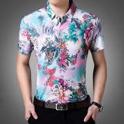 夏装品牌男士短袖丝光棉衬衫，男中年薄款浅色，印花衬衣免烫大花上衣